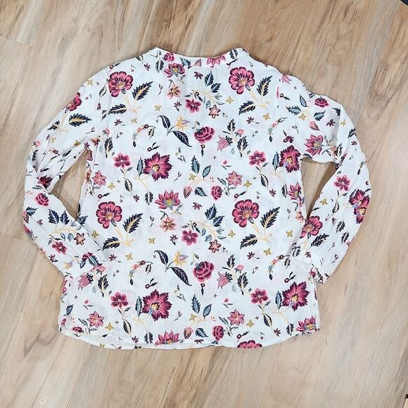 🐞Old Navy White w/Pink Floral Print Linen Blend Vneck Top Medium - Picture 1 of 12